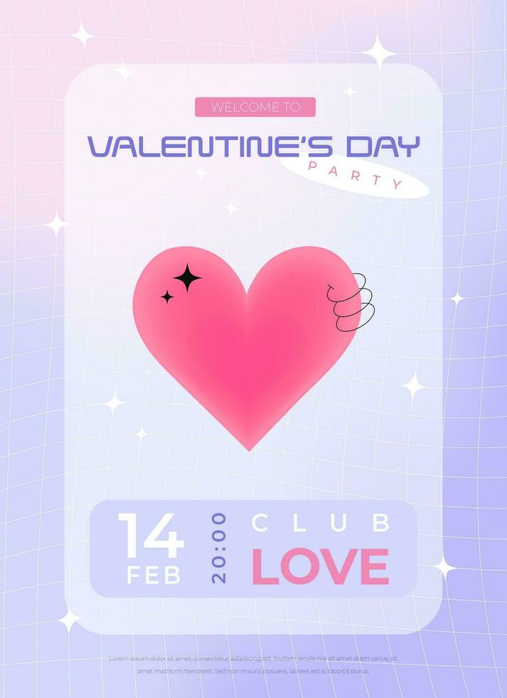 Modern y2k design Valentine's Day party invitation, poster. Trendy pastel soft color vector illustration with heart, abstract shapes, stars, gradient and typography.