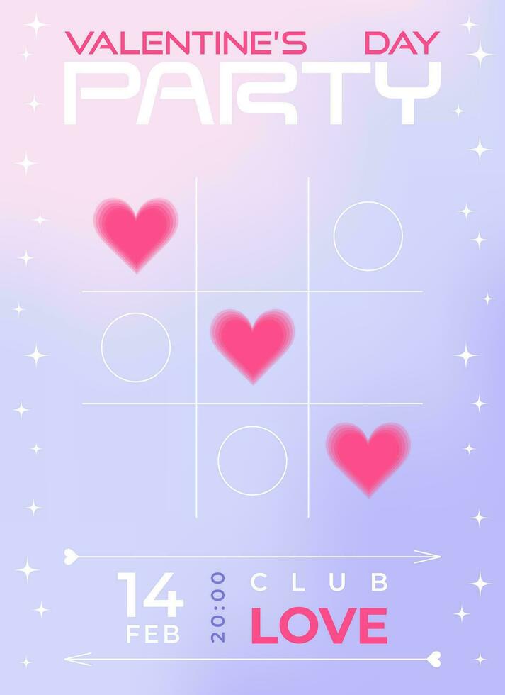 Modern y2k design Valentine's Day party invitation, banner, poster. Trendy aesthetic soft color vector illustrations with aura hearts in clouds, abstract shapes, stars, gradient and typography.