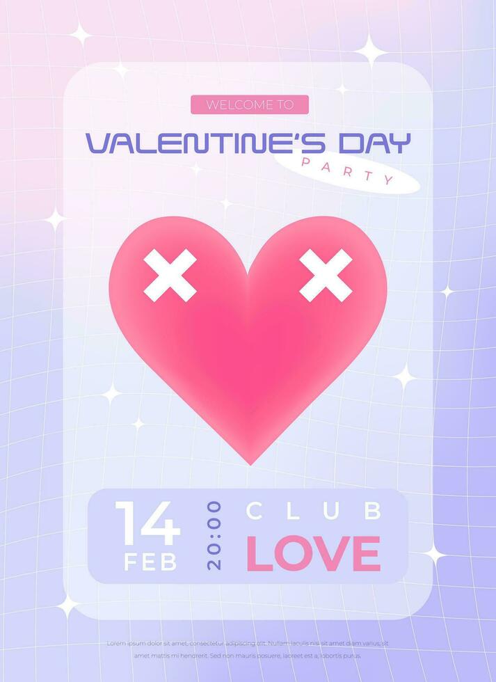 Modern y2k design Valentine's Day party invitation, poster. Trendy pastel soft color vector illustration with heart, abstract shapes, stars, gradient and typography.