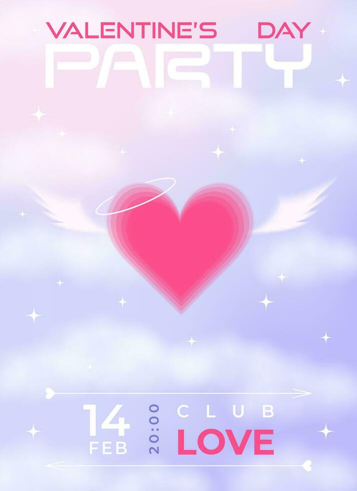 Modern y2k design Valentine's Day party invitation, banner, poster. Trendy aesthetic soft color vector illustration with aura angel heart in clouds, abstract shapes, stars, gradient and typography.