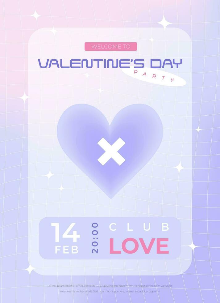 Modern y2k design Valentine's Day party invitation, poster. Trendy pastel soft color vector illustration with heart, abstract shapes, stars, gradient and typography.