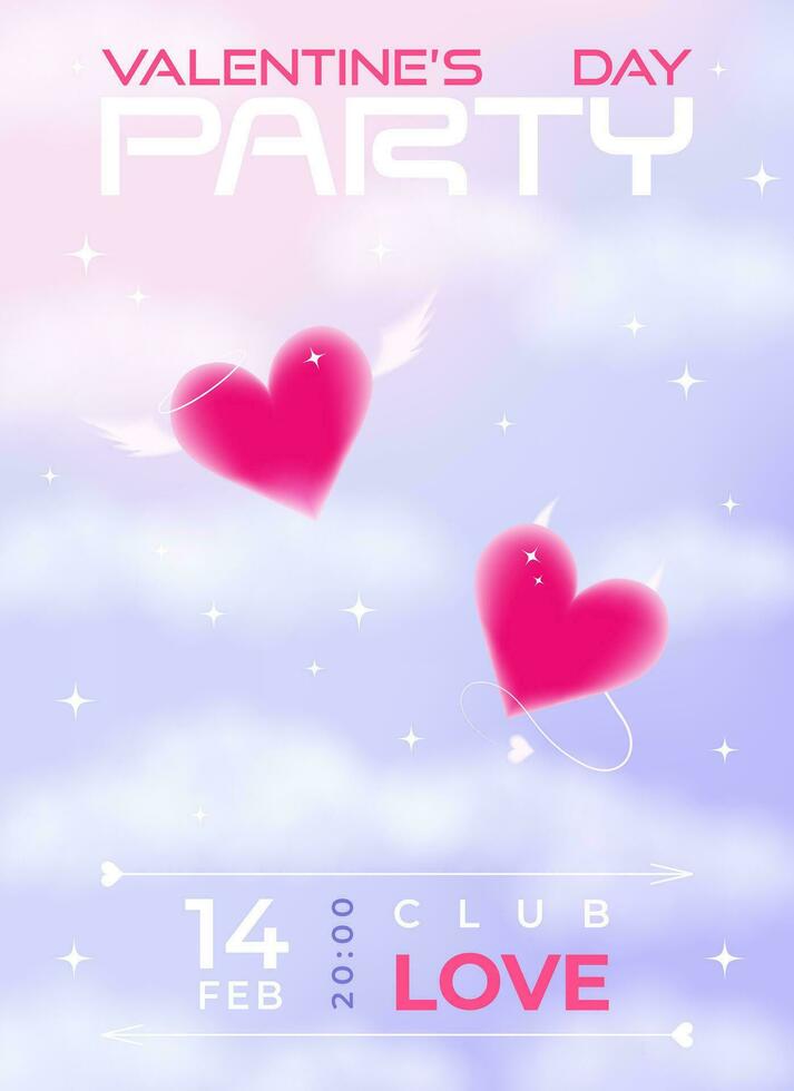 Modern y2k design Valentine's Day party invitation, banner, poster. Trendy aesthetic soft color vector illustrations with aura hearts in clouds, abstract shapes, stars, gradient and typography.