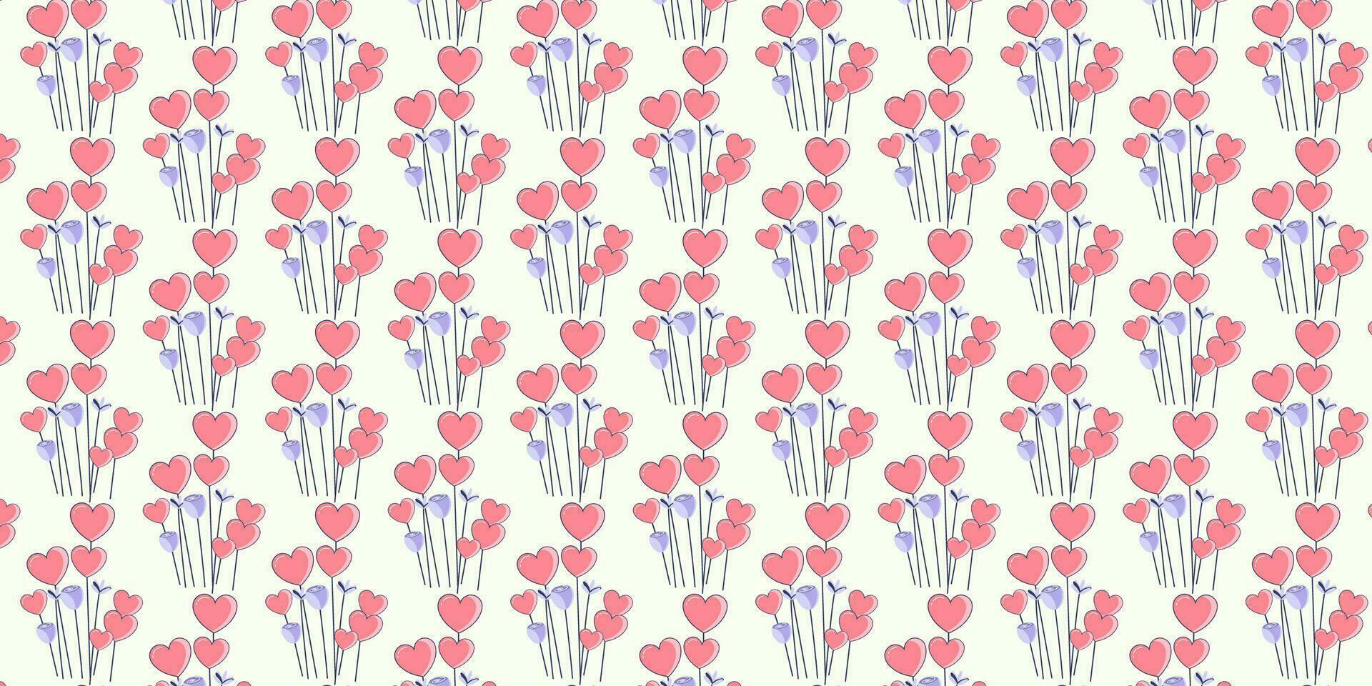 Seamless romantic pattern with hand drawn pink heart flowers and magenta rose on white background. Ready template for design, postcards, print, poster, party, Valentine's day, vintage textile. vector