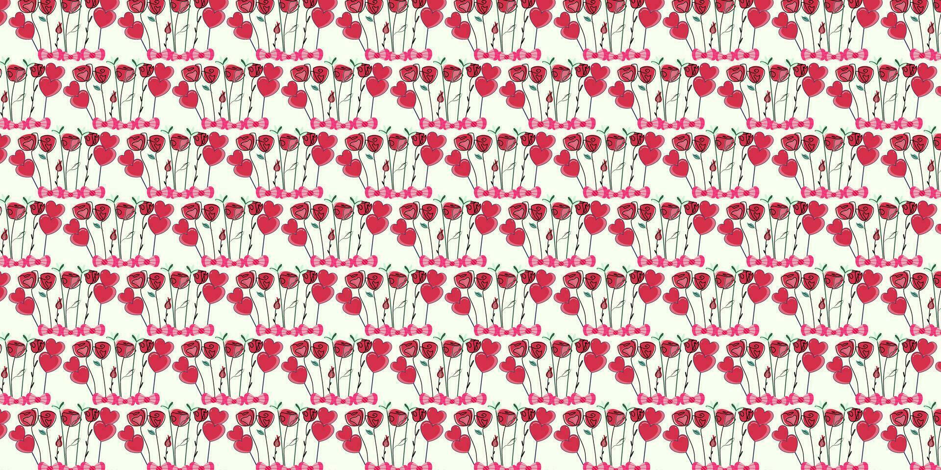 Seamless romantic pattern with hand drawn red pink rose, hearts and candy on white background. Ready template for design, postcards, print, poster, party, Valentine's day, vintage textile. vector