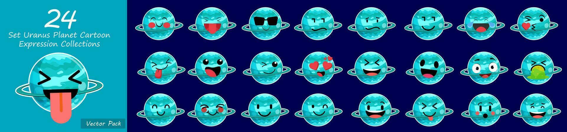 Collection of difference emoticon icon of cute uranus planet cartoon on dark blue  background vector illustration