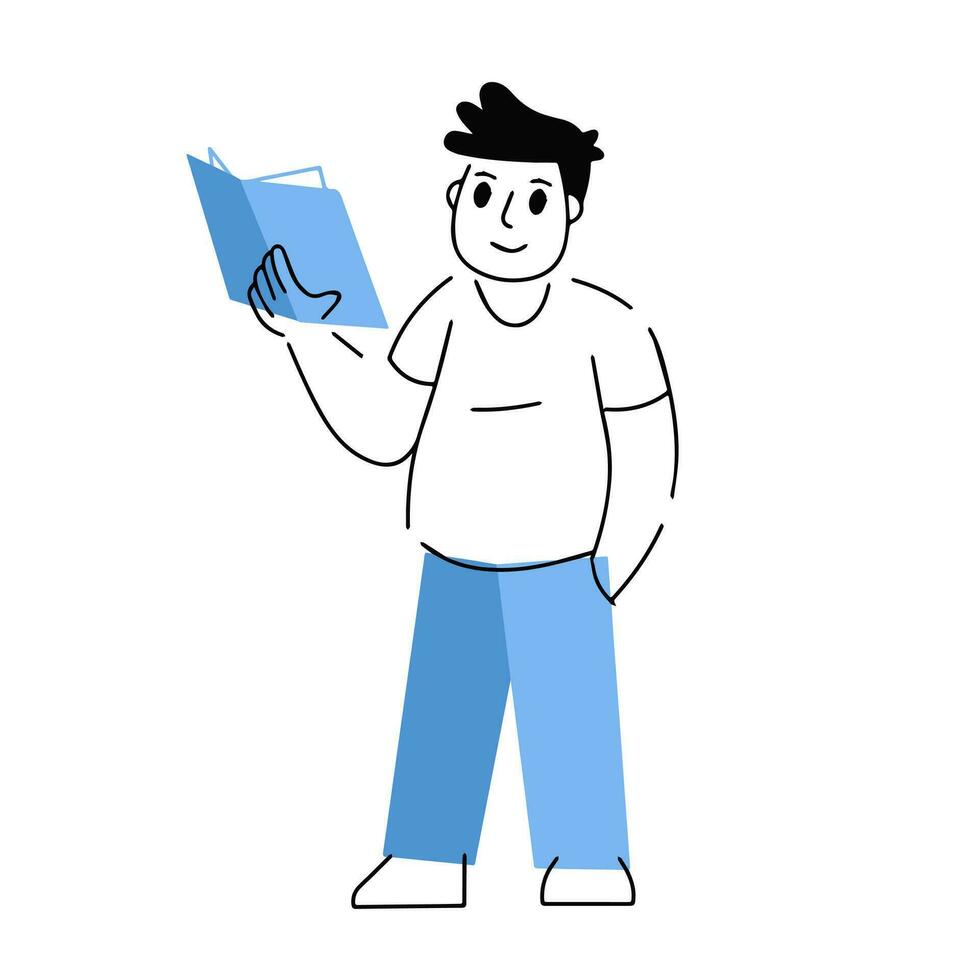 Man read book. Hobbies and education. Linear male character in blue clothing. Trendy outline cartoon isolated on white. Geometric modern illustration vector