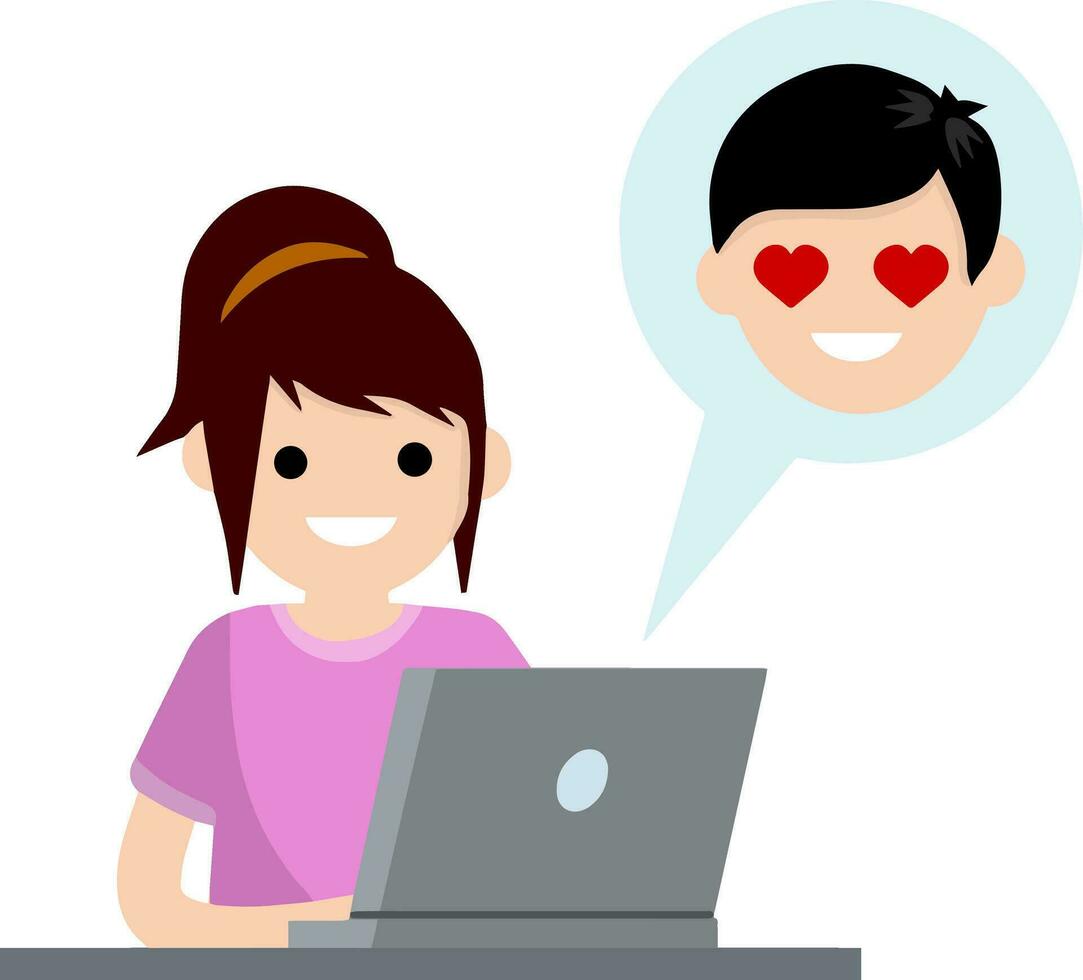 Man in love sitting at table with laptop. boyfriend and girlfriend email. Bubble with girl head. Romantic relationships on Internet. Cartoon flat illustration. Chat with woman. Heart on eyes vector