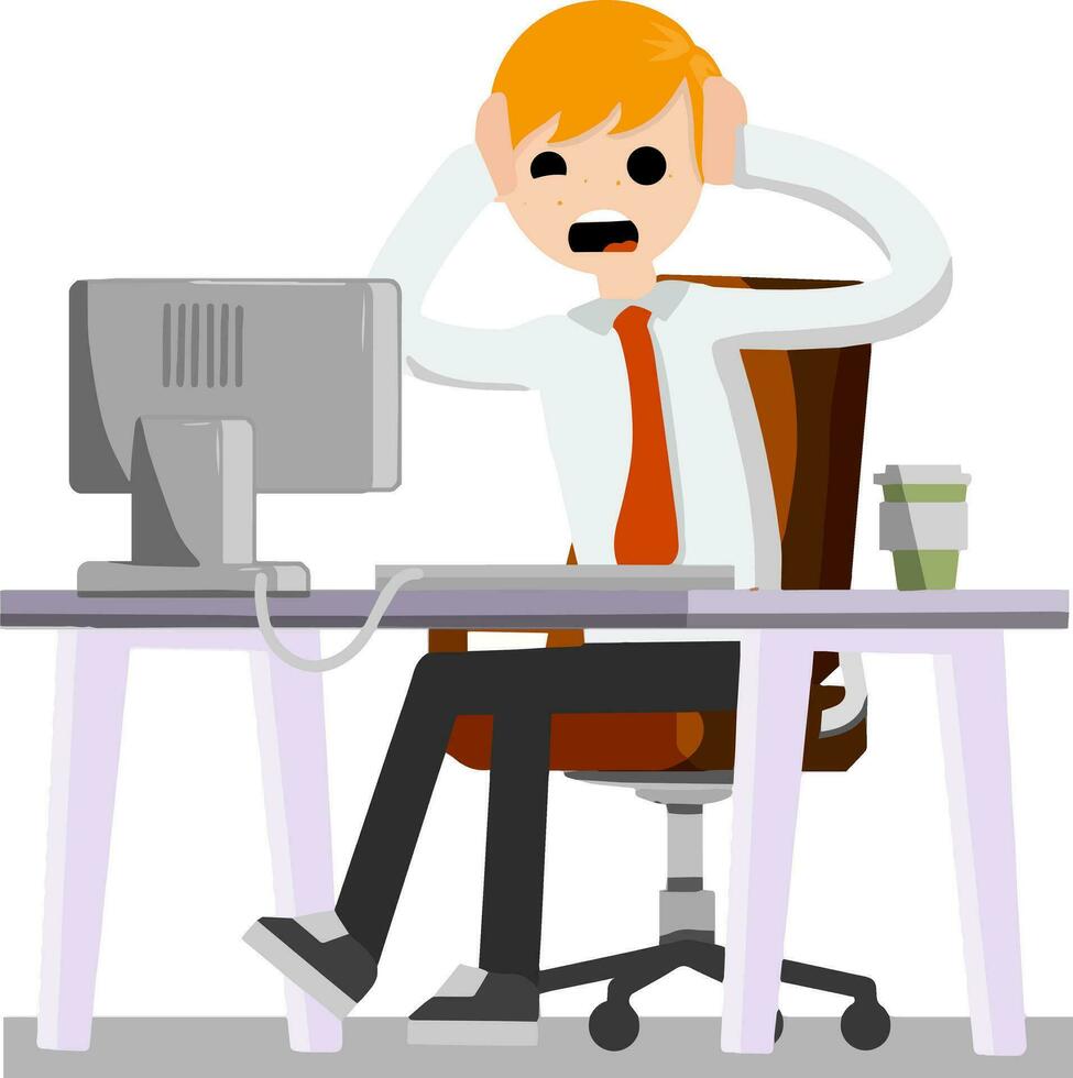 Man holding his head. Broken equipment. Broken computer. Crash the system. Office Crazy scared boss behind the monitor. Confused businessman. Cartoon flat illustration vector