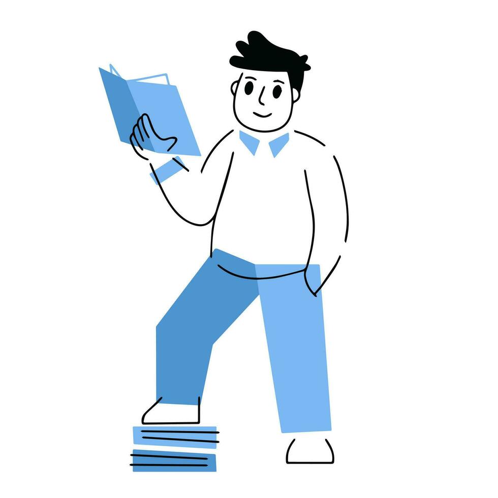 hombre leer libro. aficiones y educación. lineal masculino personaje en azul ropa. de moda contorno dibujos animados aislado en blanco. geométrico moderno ilustración vector