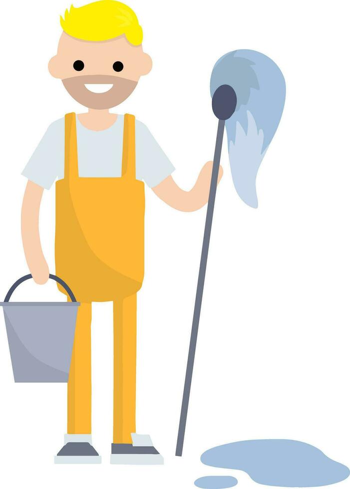Cleaner in an orange jumpsuit. Service worker with MOP and bucket. Wet cleaning from dirt and dust. Blue puddle of water on the floor. Kind of profession men. Cartoon flat illustration. vector