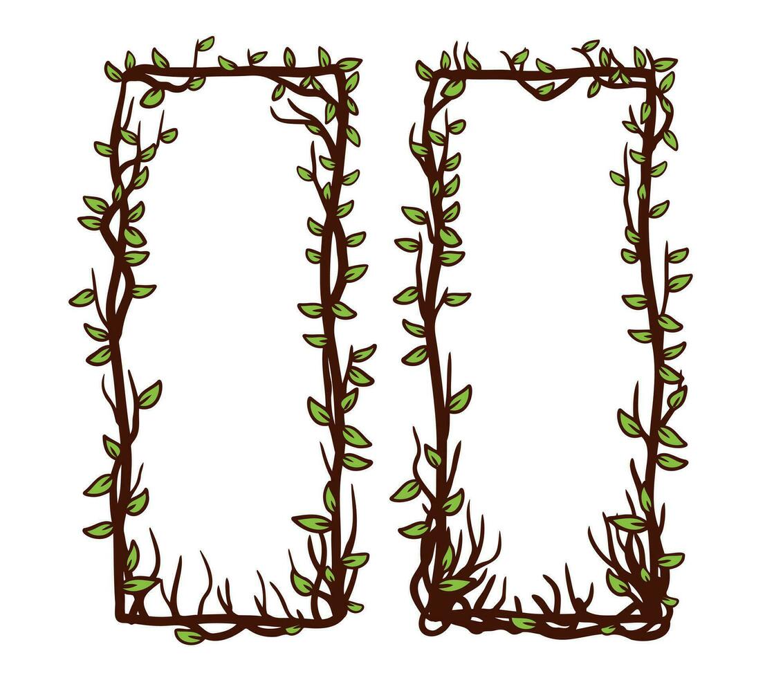 Tree frame, floral square border. Plant and twig decoration isolated on white background. Black outline silhouette. Decorative vintage scary element with leaf. Dark forest concept. vector