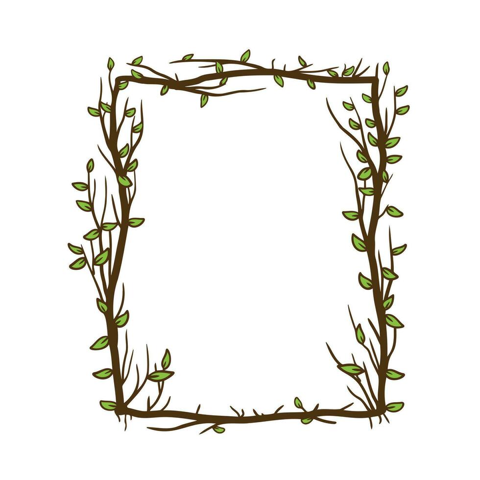 Tree frame, floral square border. Plant and twig decoration isolated on white background. Black outline silhouette. Decorative vintage scary element with leaf. Dark forest concept. vector