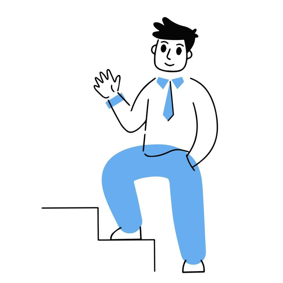 Man stands on stairs. Career concept. First step. Smiling Business character. Gesture of approval and greeting. Ground floor and level. Outline modern illustration vector