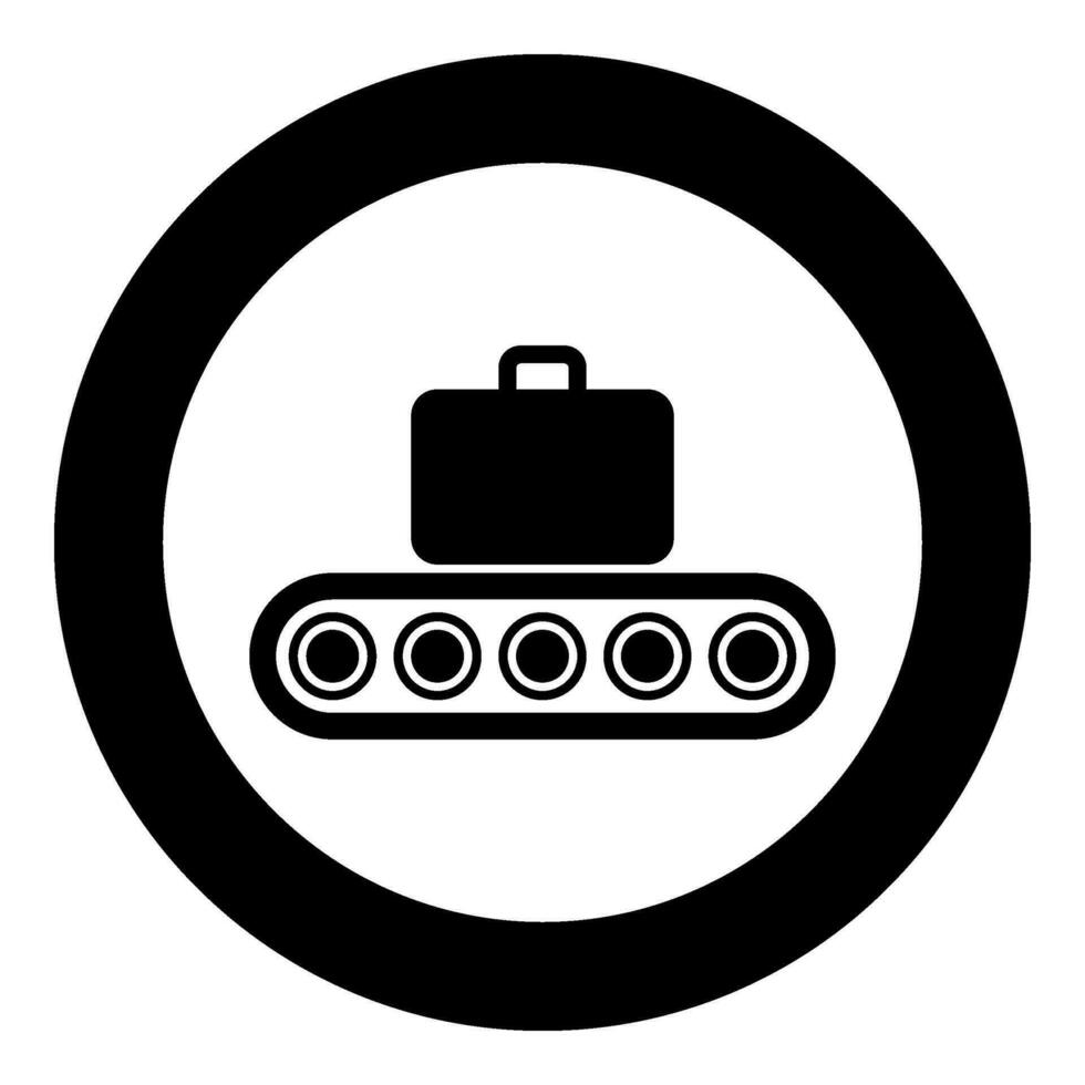 Conveyor belt airport tape baggage passengers luggage suitcase production line automated manufacturing icon in circle round black color vector illustration image solid outline style