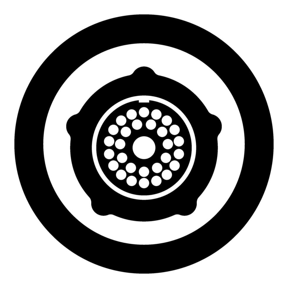 Grate for meat grinder plate mincer device for growing shallow of meat lattice with nut screw female screw pawl stop latch holder icon in circle round black color vector illustration image solid