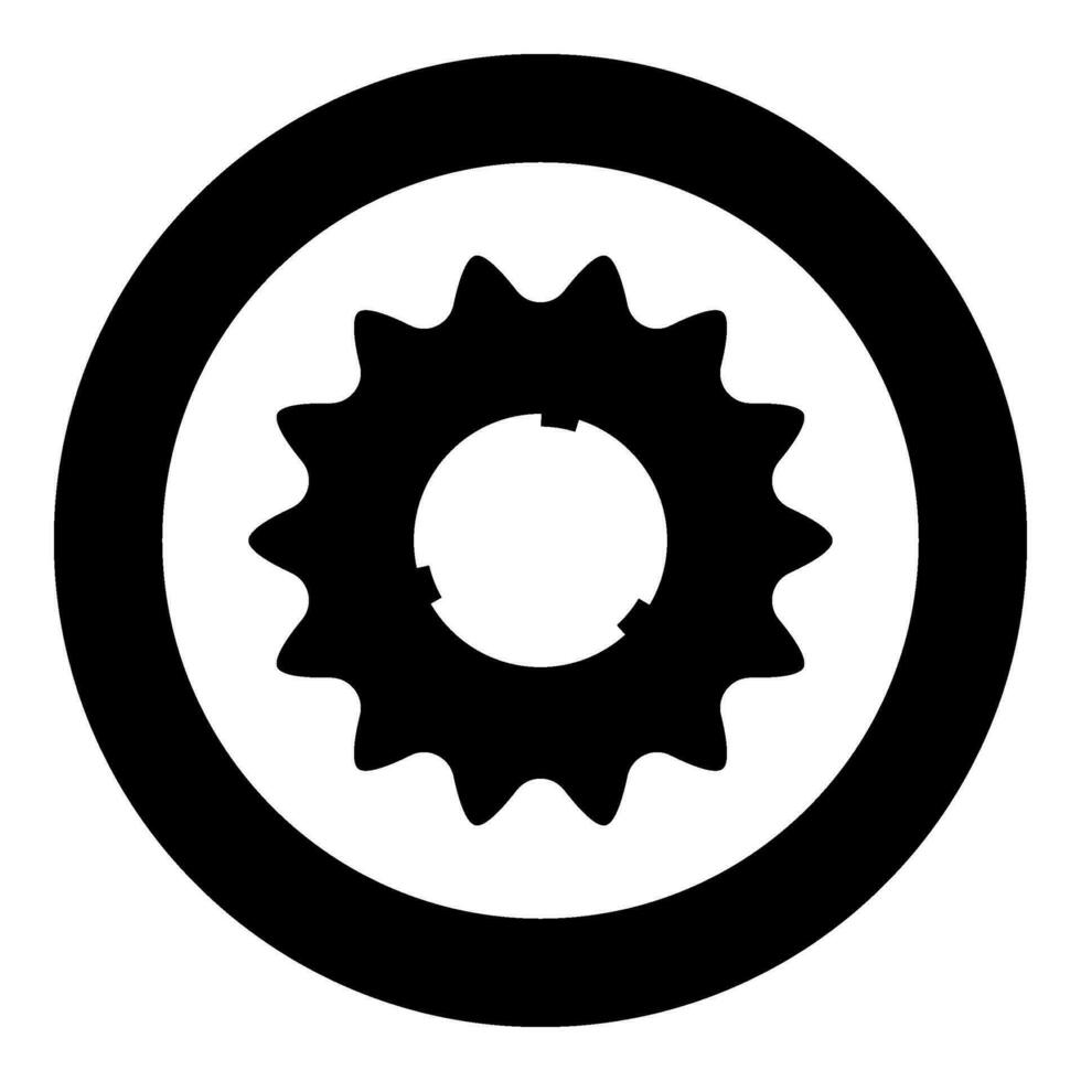 Cogset sprocket bicycle star gear service sprocket cogs wheel with teeth engages with chain icon in circle round black color vector illustration image solid outline style