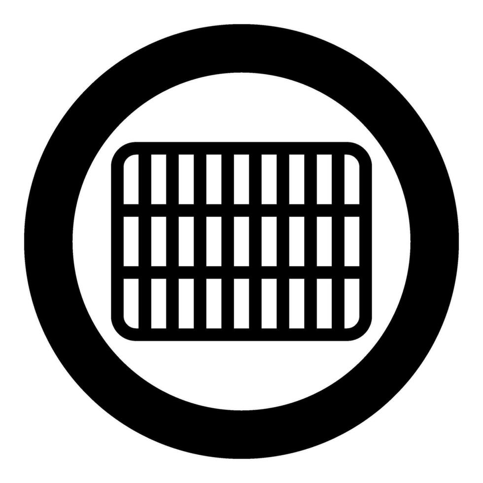 Grating grate lattice trellis net mesh BBQ grill grilling surface rectangle shape roundness icon in circle round black color vector illustration image solid outline style