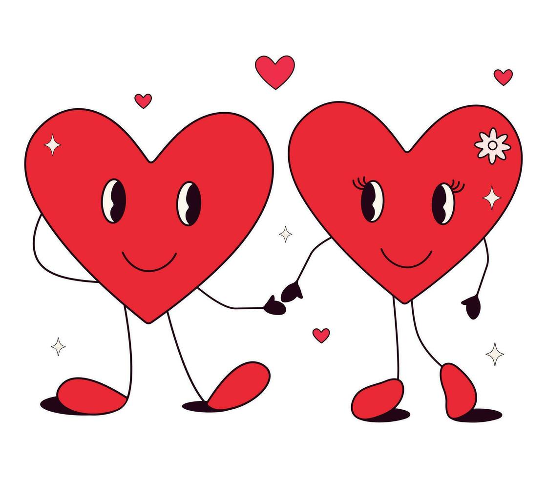 Groovy Retro happy Valentines day in trendy retro 70s cartoon style.Groovy lovely heart in trendy retro 60s cartoon style.Happy Valentines Day.Funky happy lovely heart character.Love concept.Vector vector