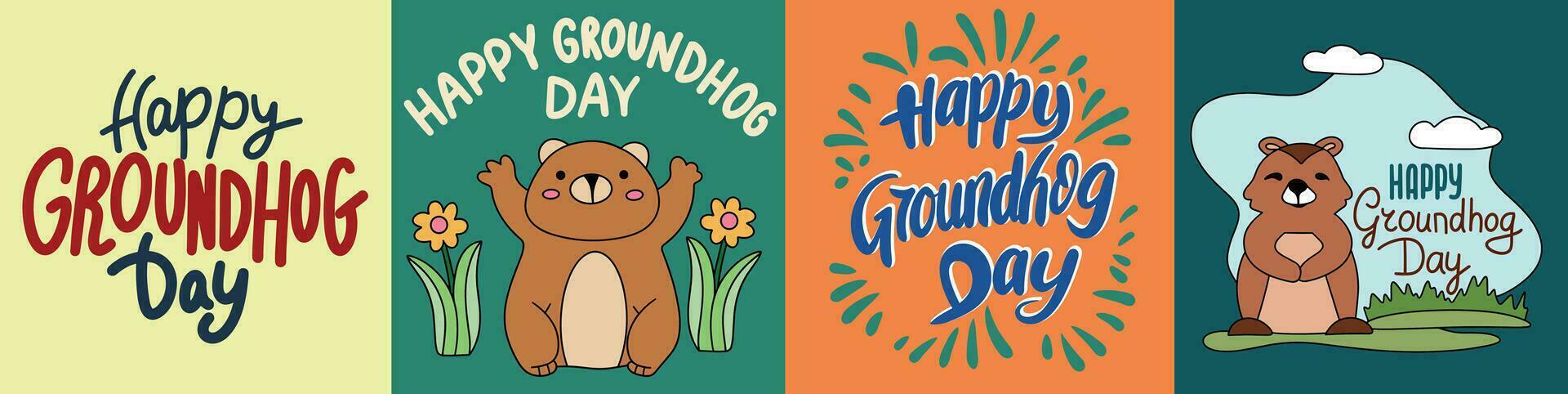 Collection of inscriptions Happy Groundhog Day. Handwriting lettering set Happy Groundhog Day. Hand drawn vector art.