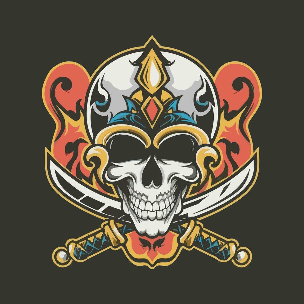 skull with swords and flames on a black background vector