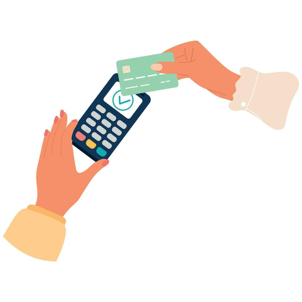 Hands paying with POS terminal. Contactless cashless payments with credit or debit card. NFC technology. Flat vector illustration