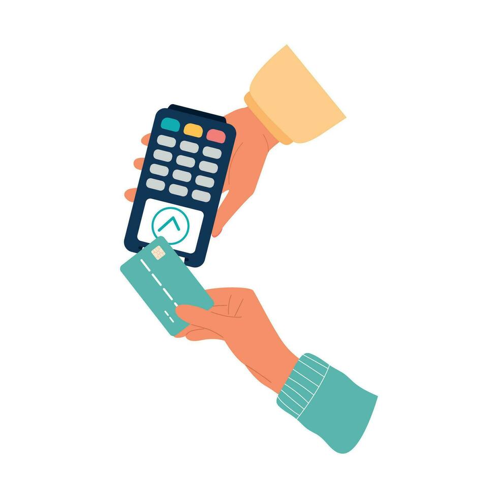 Hands paying with credit or debit card. Contactless cashless Approved payment with pos terminal. vector illustration