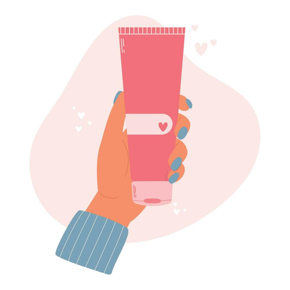 Woman palm holds face or hand cream for skin care. Daily beauty routine.Vector illustration vector