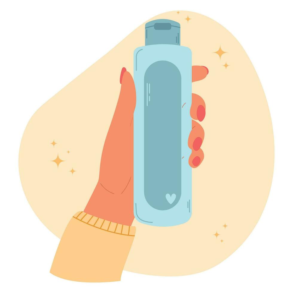 hembra mano participación cosmético tubo con virador para piel limpieza diario belleza rutina. vector ilustración