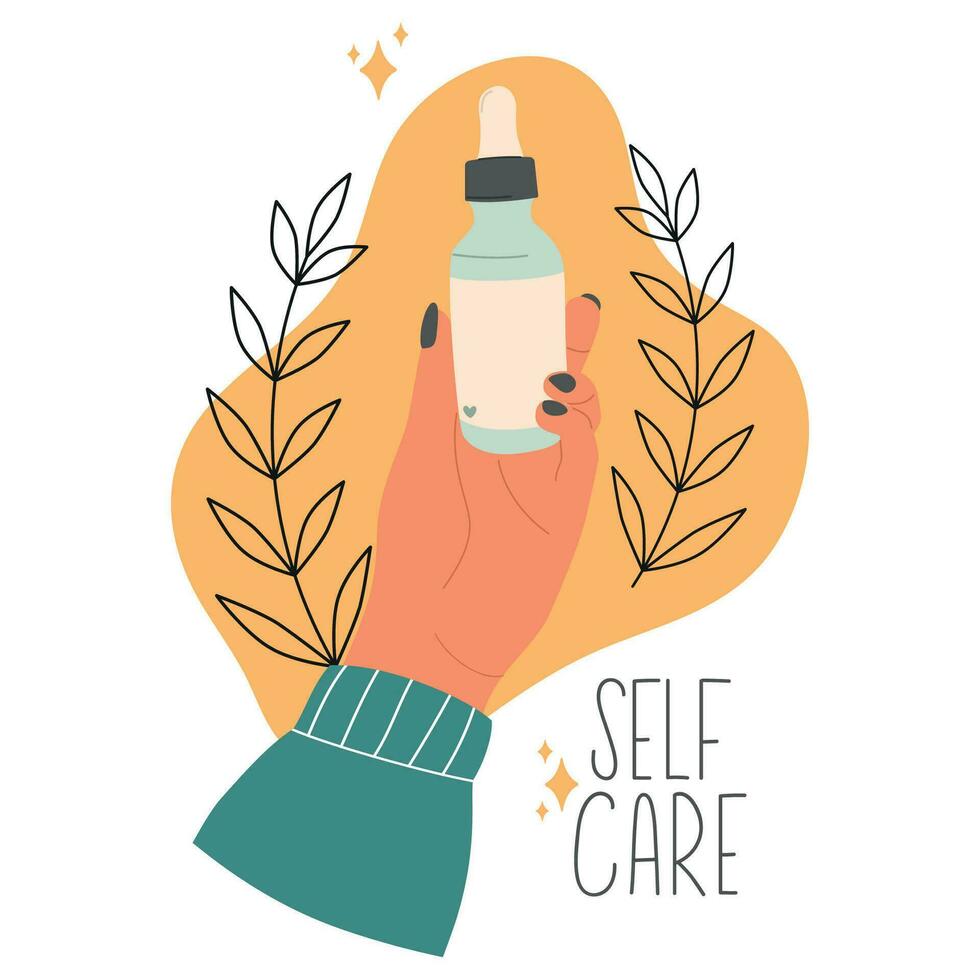 Woman hand holds serum dropper for skin care routine. Cosmetic bottle in female palm.  Vector