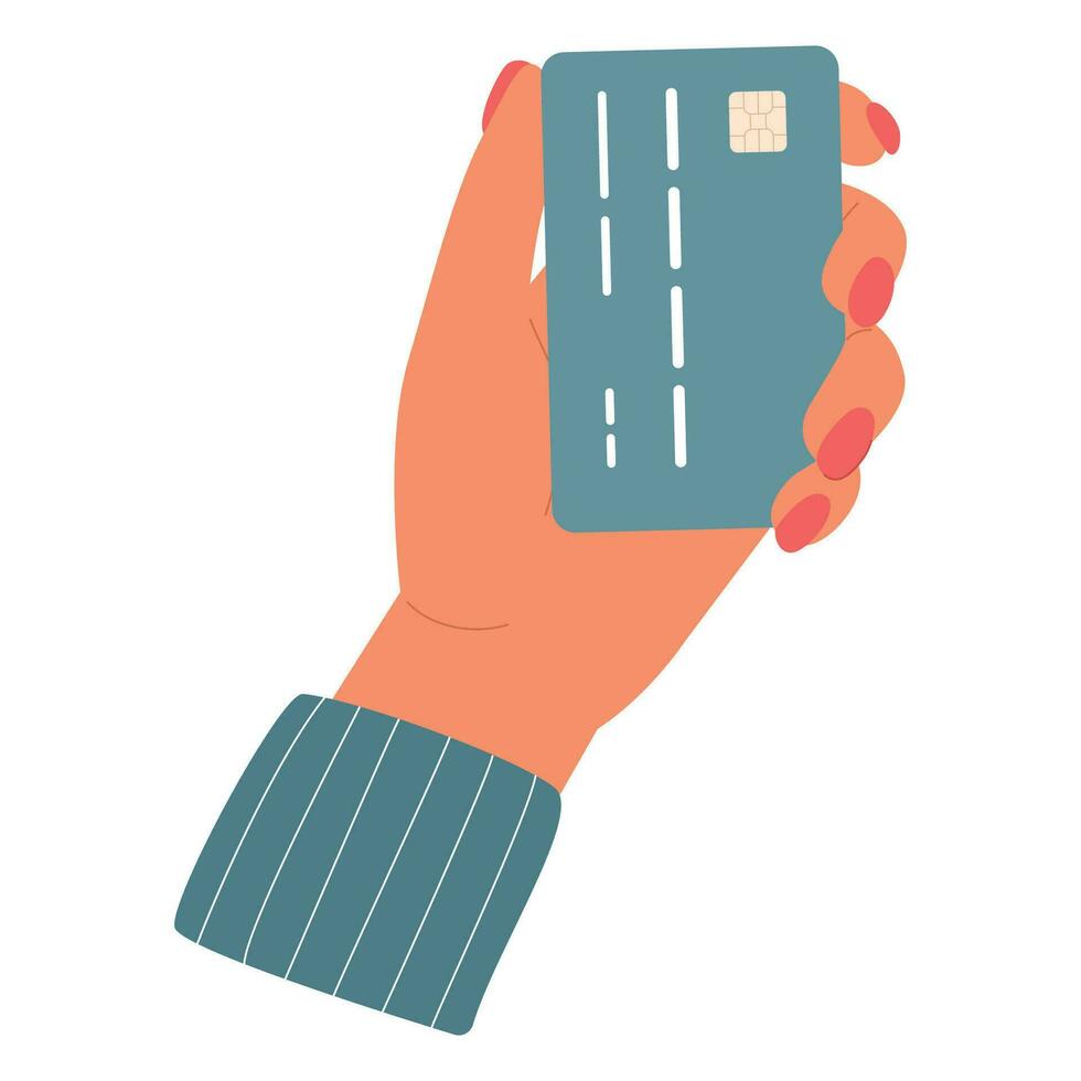 Female hand holds credit card. Cashless wireless payment. Pay by debit card. vector