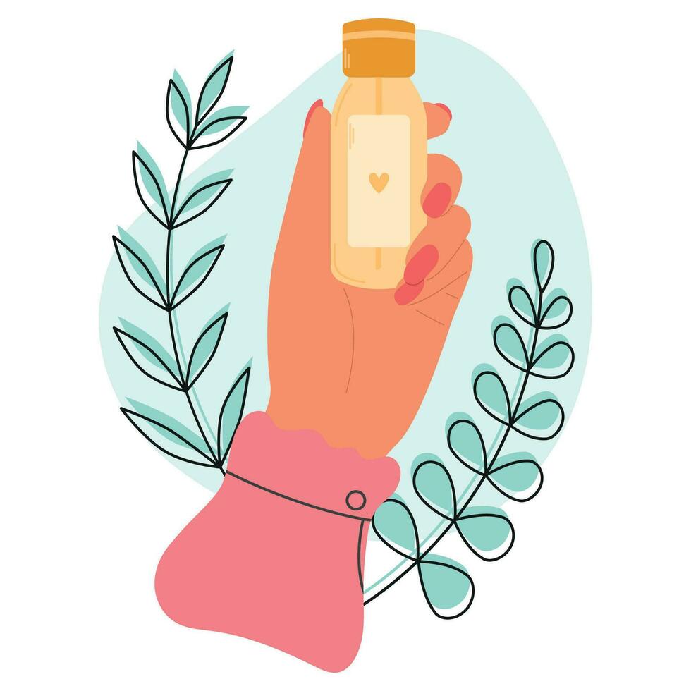 Woman hand holds cosmetic bottle with shower gel. Cream lotion for hygiene care routine. Vector