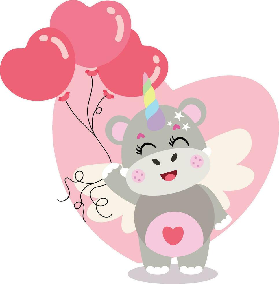 Happy unicorn hippo holding heart balloons vector