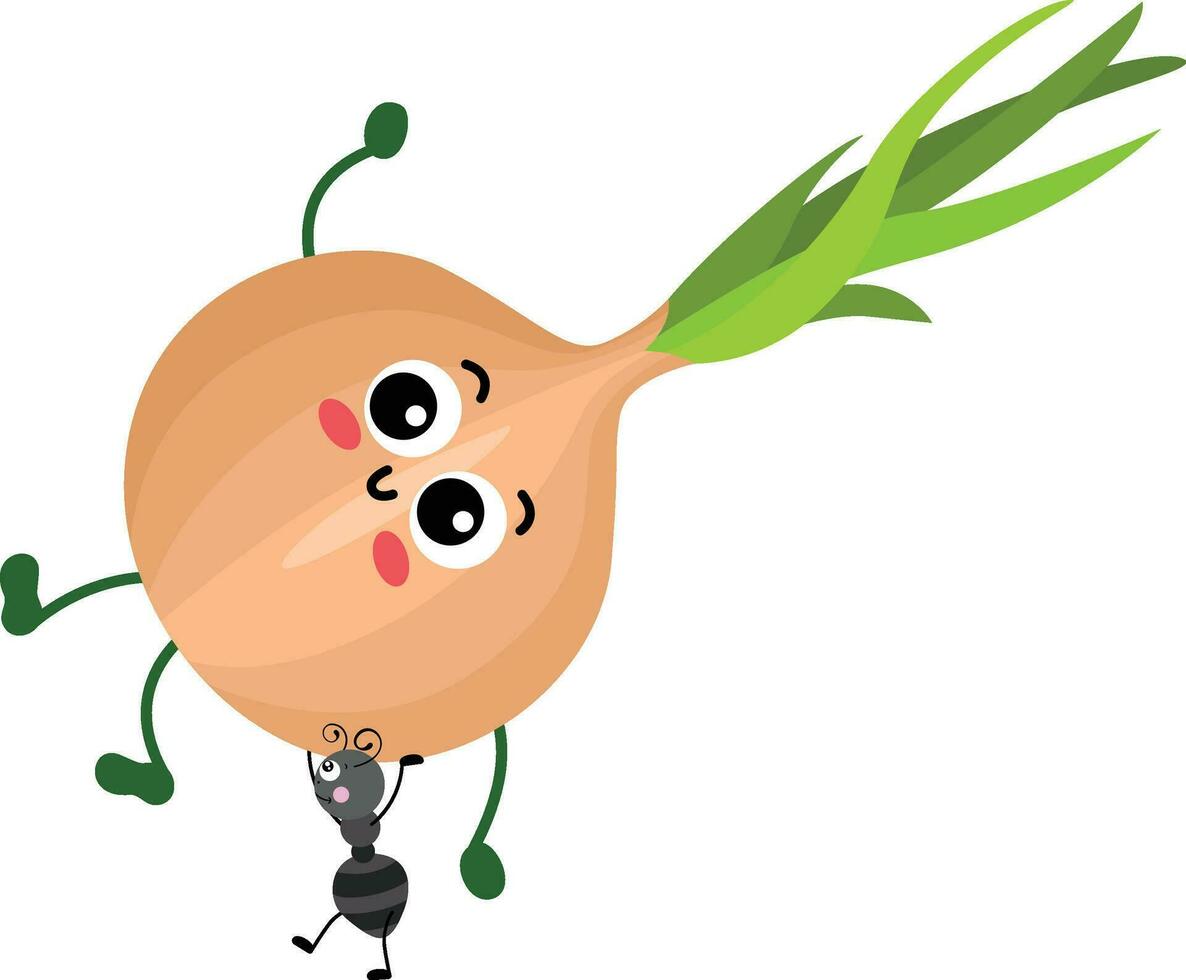 Cute ant carrying a funny onion mascot vector