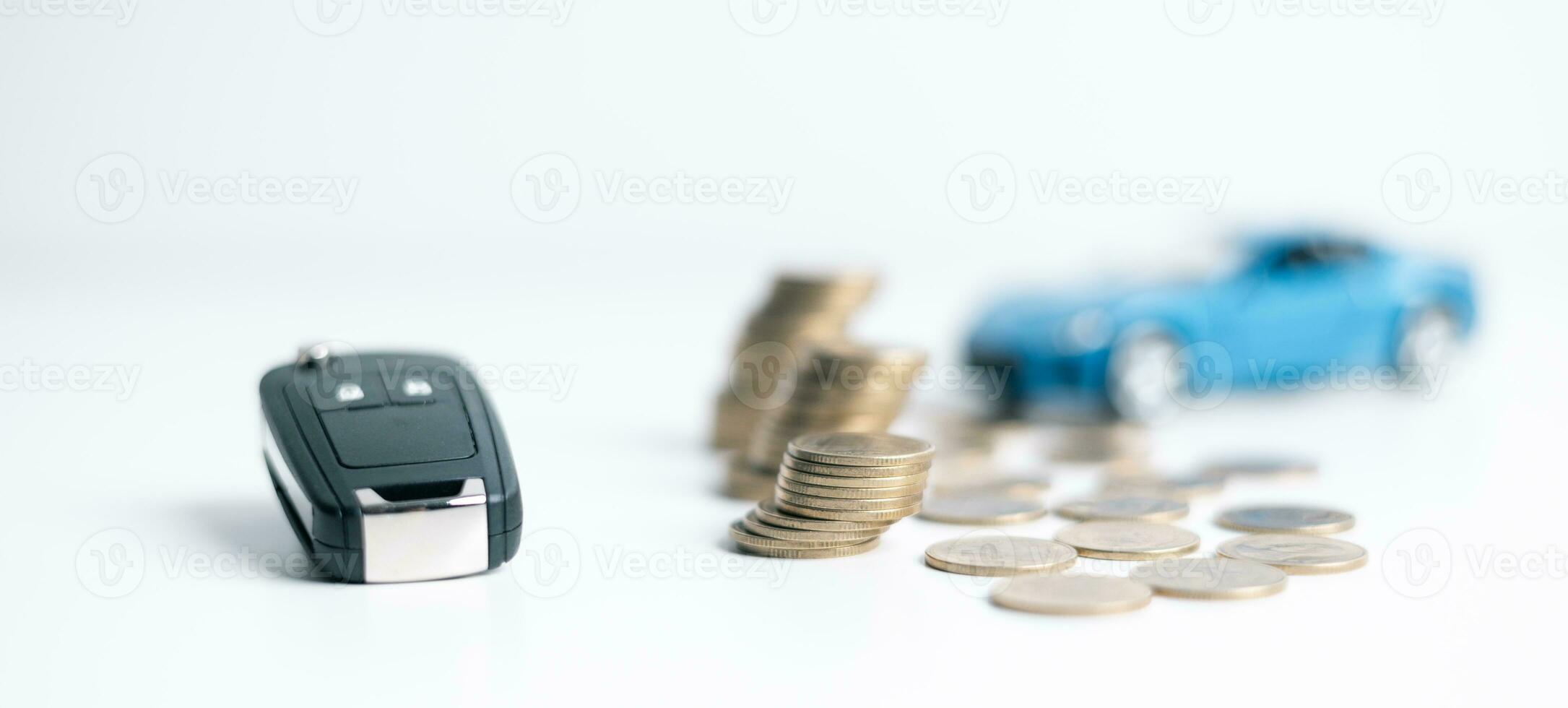 car on stacks of coin, car loan, Saving money for car concept, trade car for cash concept, finance concept. Car toy vehicle with stack coin money. Planning to manage transportation finance costs. photo