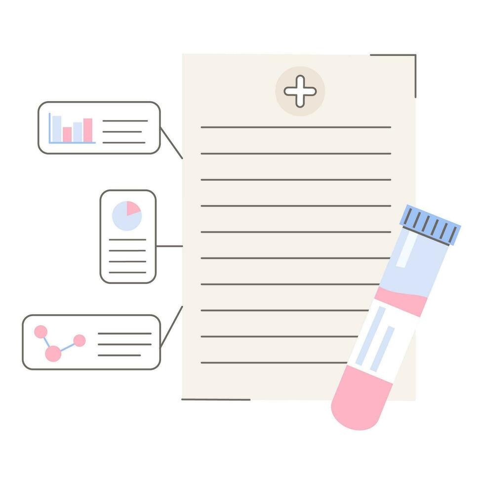 Medical Test Result. Hospital checkup record with testing tube icon. Clinic Report with blood sample probe. Vector flat outline illustration isolated on white background.