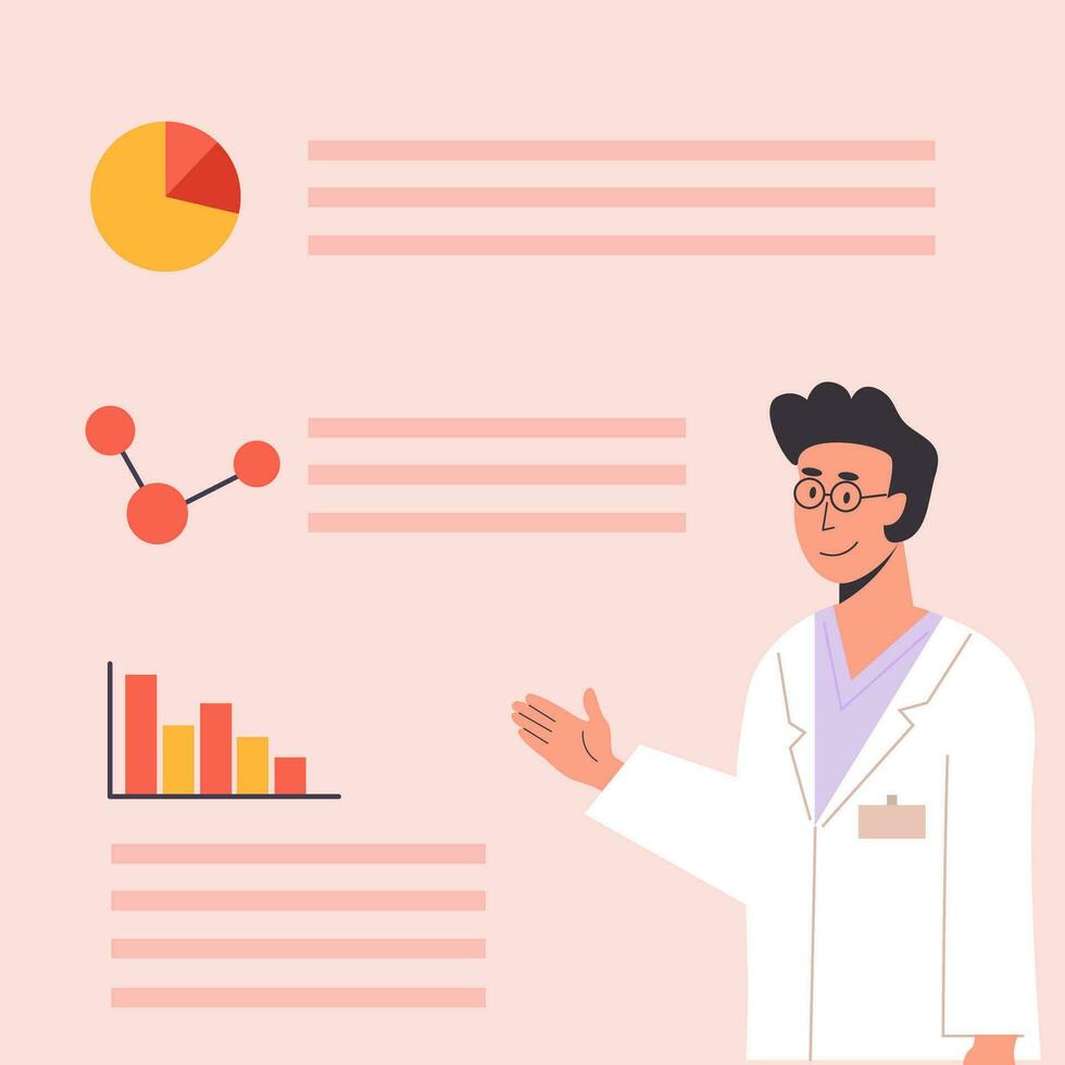 Smartphone screen with male doctor gives online diagnosis. An app with doctor consultation or advice. Medical scientist talks about pills and medication. Ask doctor. Vector illustration.