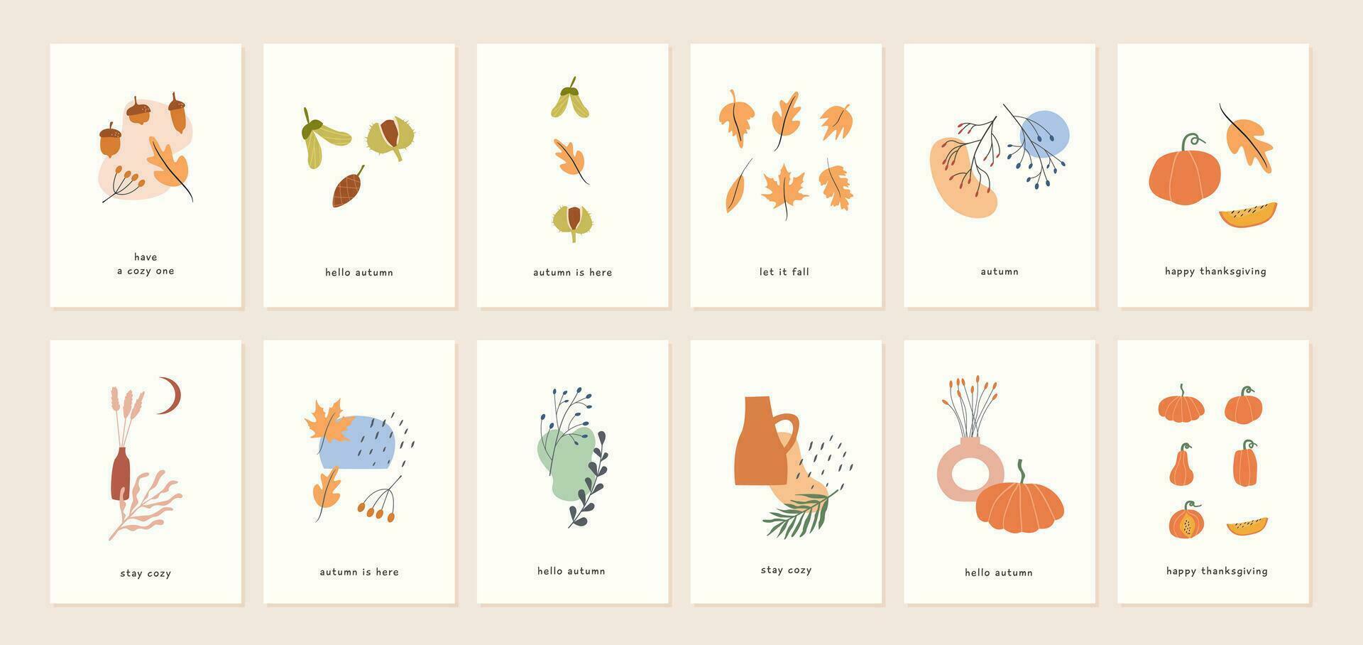 conjunto de otoño estado animico saludo tarjetas y póster plantillas. otoño temporada mínimo pared Arte. leña menuda con hojas, follaje, bayas, calabazas, jarrones, resumen formas vector postales en sencillo plano estilo.