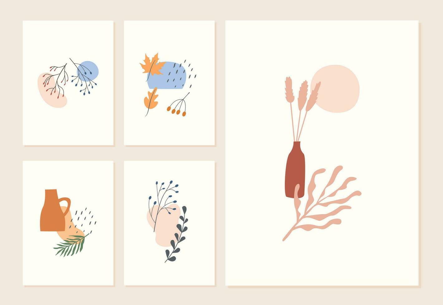 Set of autumn mood greeting cards and poster templates. Fall season minimal wall art. Twigs with leaves, foliage, berries, pumpkins, vases, abstract shapes. Vector postcards in simple flat style.