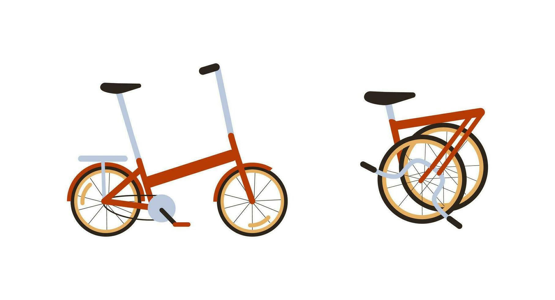 Set of Red Modern Folding City Bike. Ecological Transport side view and fold up. Commuting by compact portable electric Lightweight Bike. Ecological Transportation. Vector flat isolated on white.