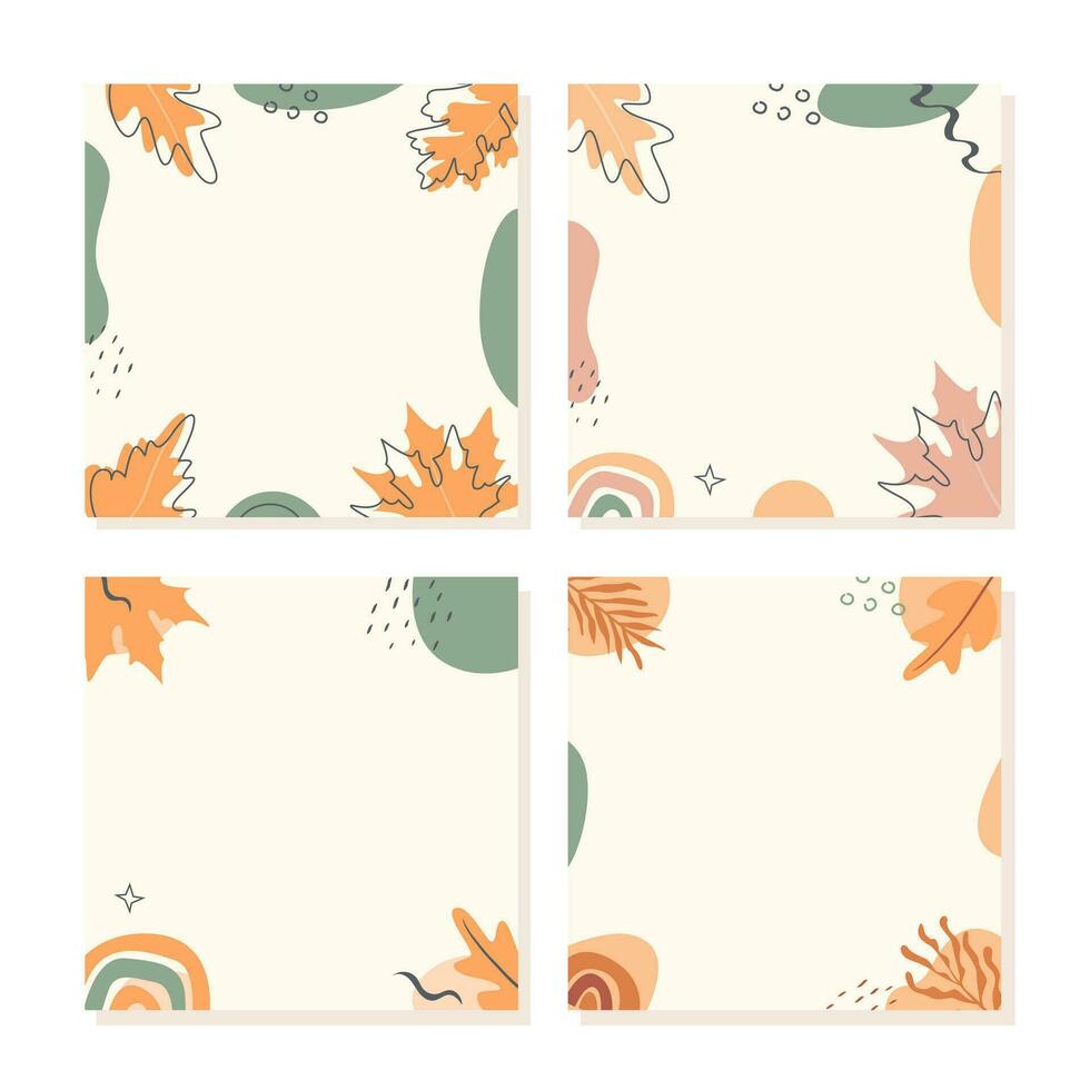 Set of vector minimal cards with abstract shapes, pumpkin and autumnal leaves. Autumn sale trendy post templates for social media. Modern square banners with copy space for text. Flat Illustration.