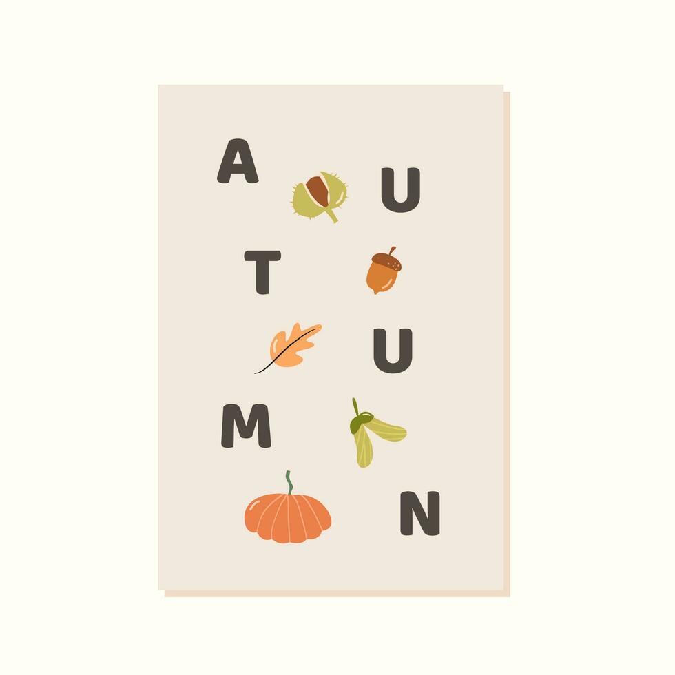 Set of autumn mood greeting cards and poster templates. Fall season minimal wall art. Twigs with leaves, foliage, berries, pumpkins, vases, abstract shapes. Vector postcards in simple flat style.