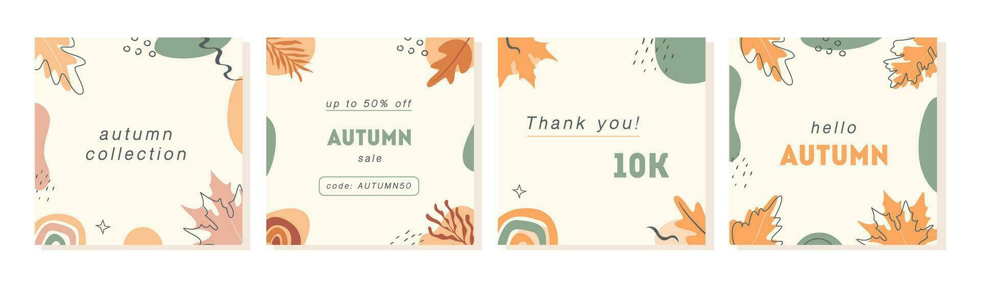 Set of vector minimal cards with abstract shapes, pumpkin and autumnal leaves. Autumn sale trendy post templates for social media. Modern square banners with copy space for text. Flat Illustration.
