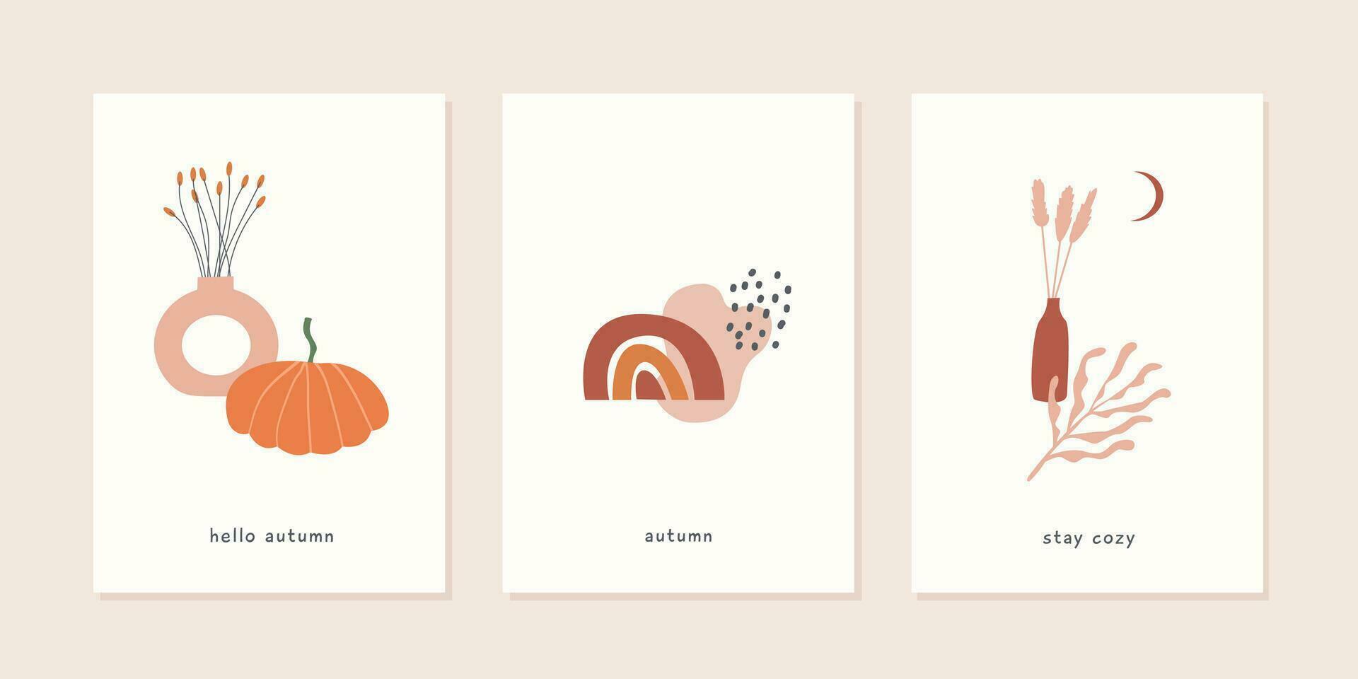 Set of autumn mood greeting cards and poster templates. Fall season minimal wall art. Twigs with leaves, foliage, berries, pumpkins, vases, abstract shapes. Vector postcards in simple flat style.