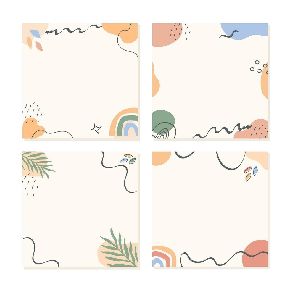 Set of vector minimal cards with abstract shapes, pumpkin and autumnal leaves. Autumn sale trendy post templates for social media. Modern square banners with copy space for text. Flat Illustration.