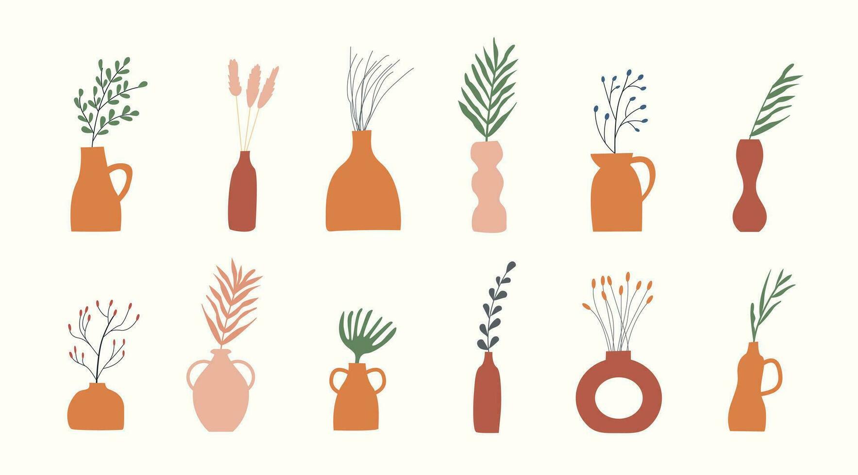 Set of clay vases with potted dry plants, leaves, branches with berries and abstract geometric shape. Autumn mood trendy boho design elements. Fall season organic minimal wall art. Vector illustration