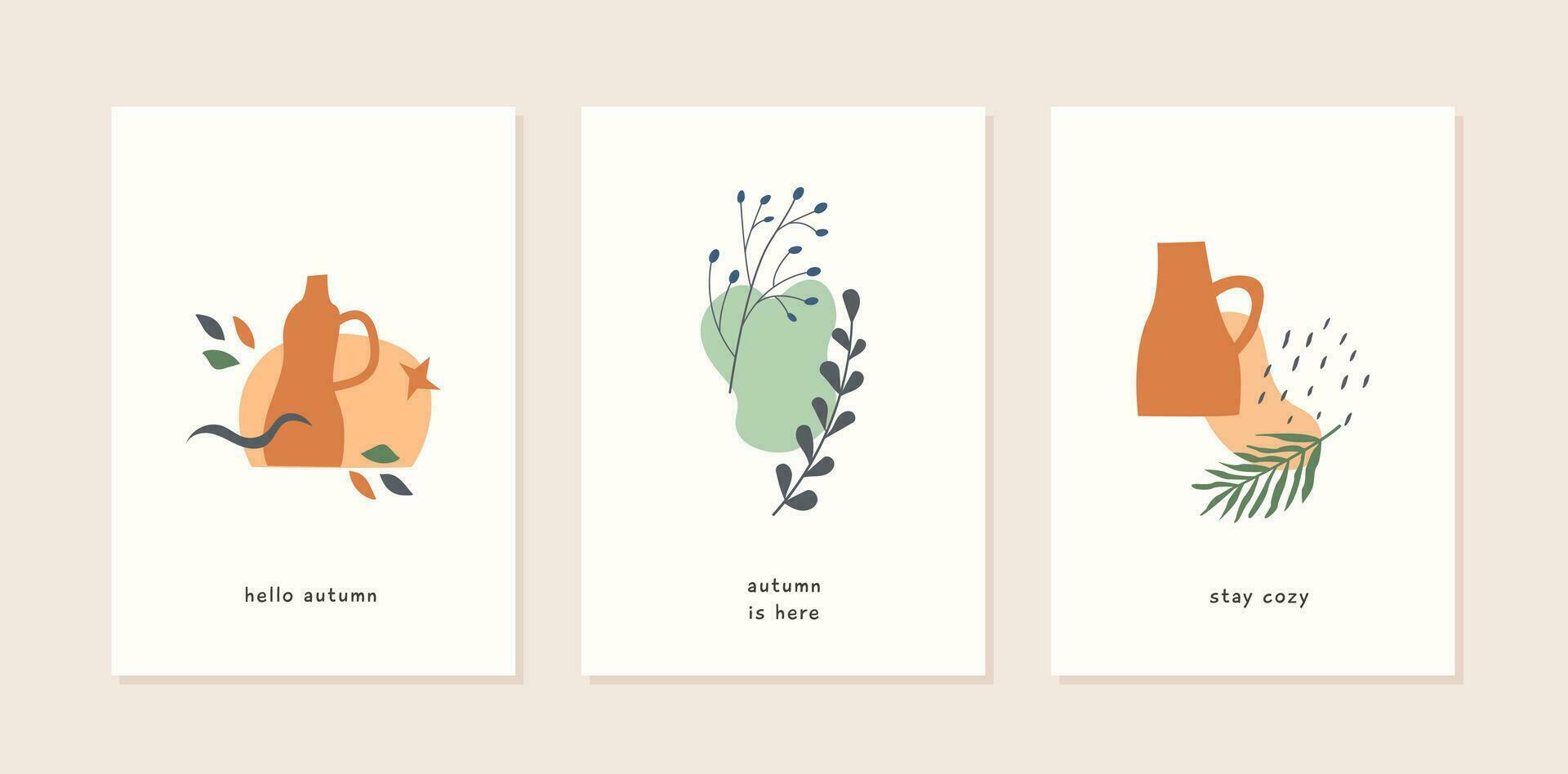 Set of autumn mood greeting cards and poster templates. Fall season minimal wall art. Twigs with leaves, foliage, berries, pumpkins, vases, abstract shapes. Vector postcards in simple flat style.