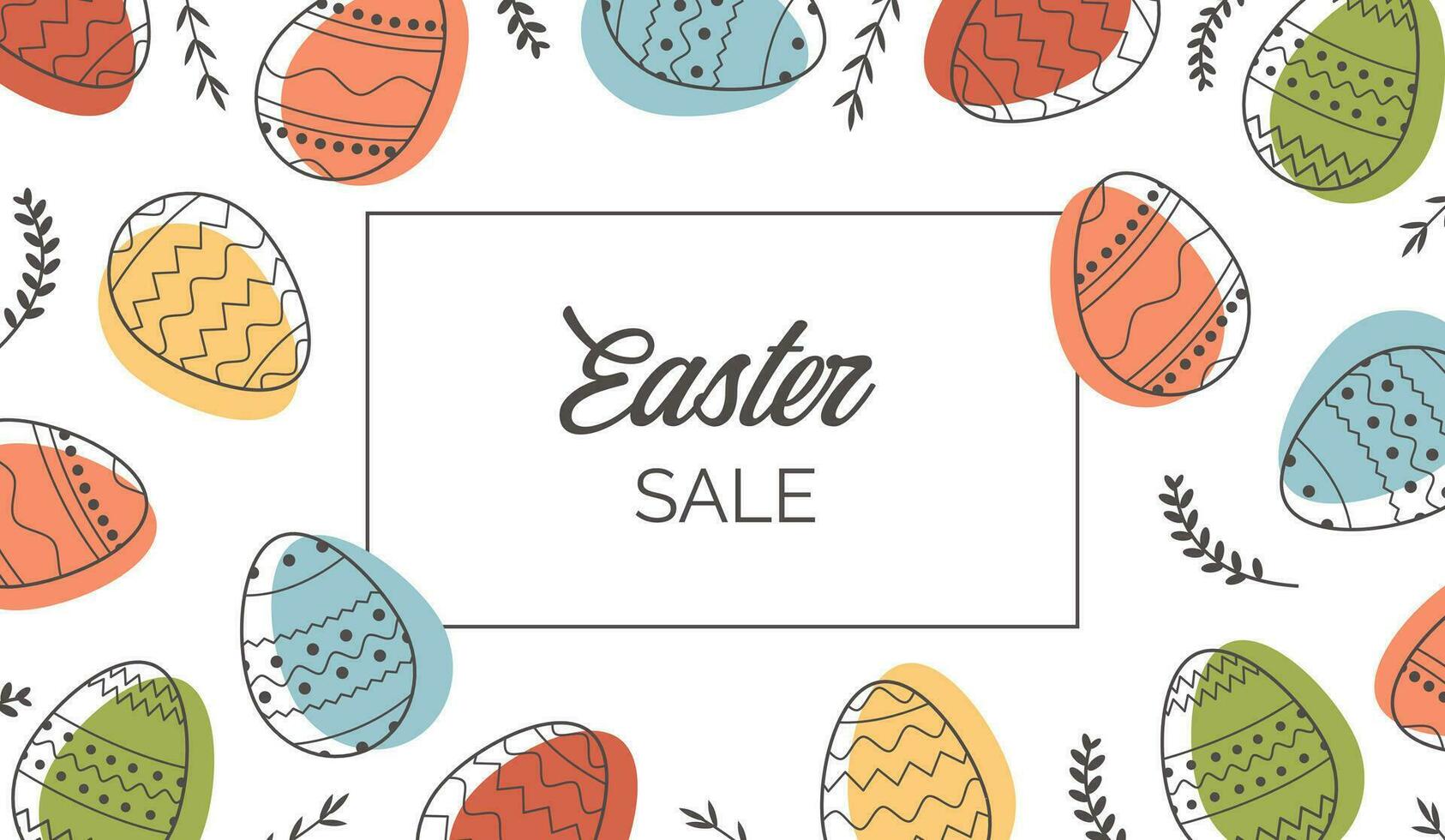 Festive banner template with trendy outlined geometric pattern on Easter Eggs. Decorative horizontal stripe from eggs with leaves on white background. Vector poster for spring holiday celebration.