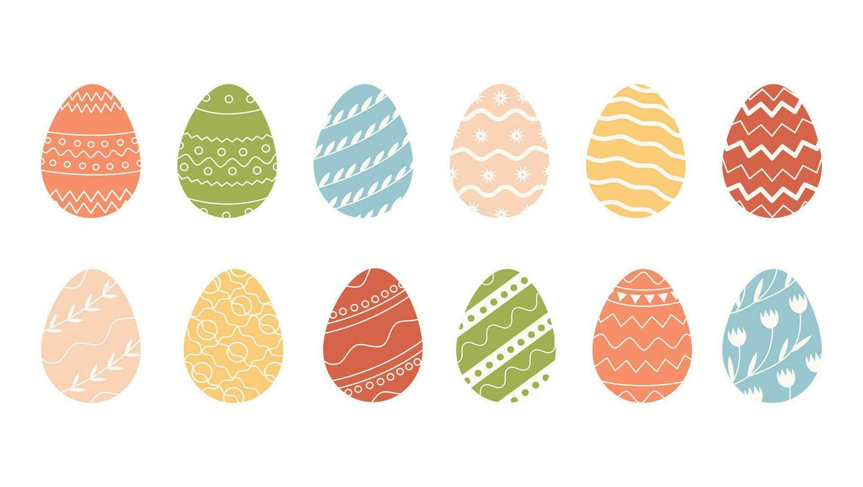 Bundle of decorated Easter eggs isolated on white background. Collection of colored symbols for religious spring holiday with various ornaments. Seasonal set for Paschal. Flat illustration. vector