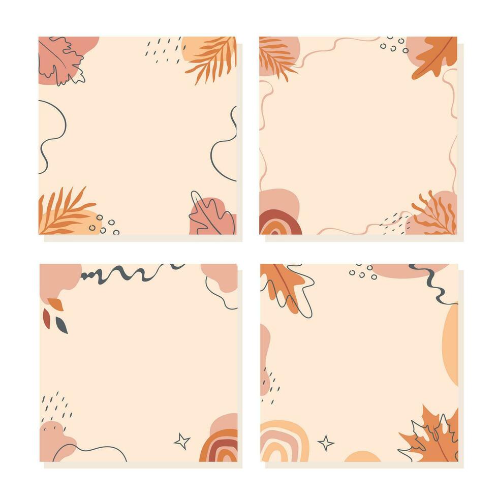 Set of vector minimal cards with abstract shapes, pumpkin and autumnal leaves. Autumn sale trendy post templates for social media. Modern square banners with copy space for text. Flat Illustration.