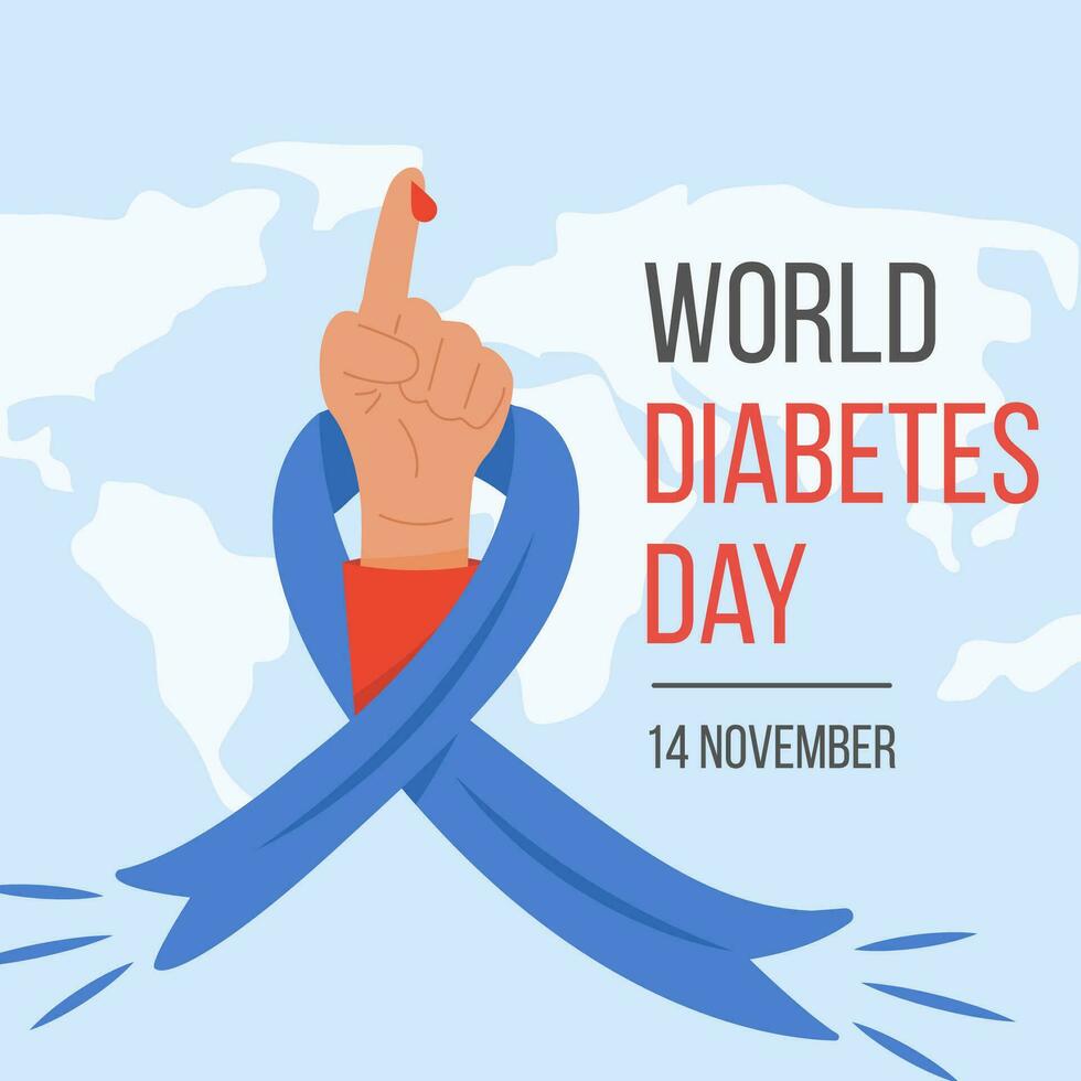 World diabetes day awareness poster with a world map on background. Banner design with blue ribbon and arm with a finger with blood drop. Typography. Vector illustration.